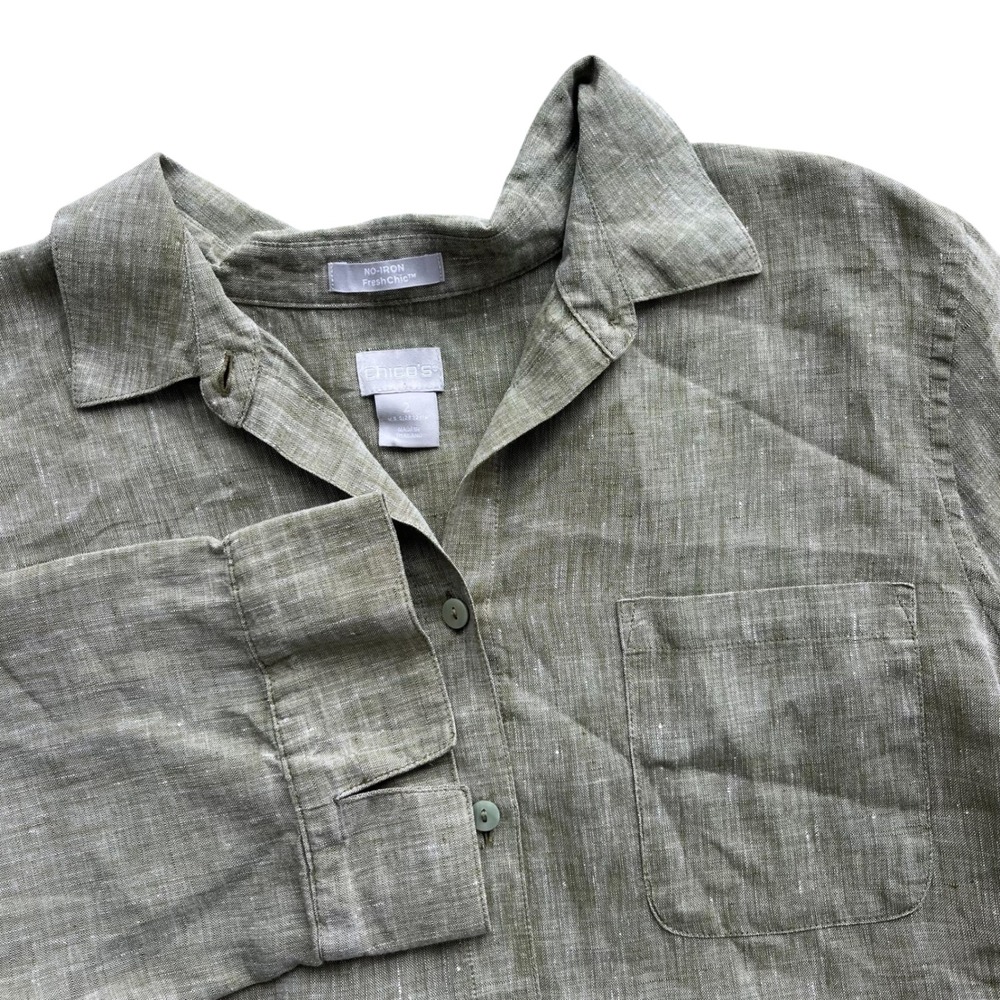Chicos Women's 12/14 Green Linen 3/4 Sleeve Pocket No Iron Fresh Chic Button Top